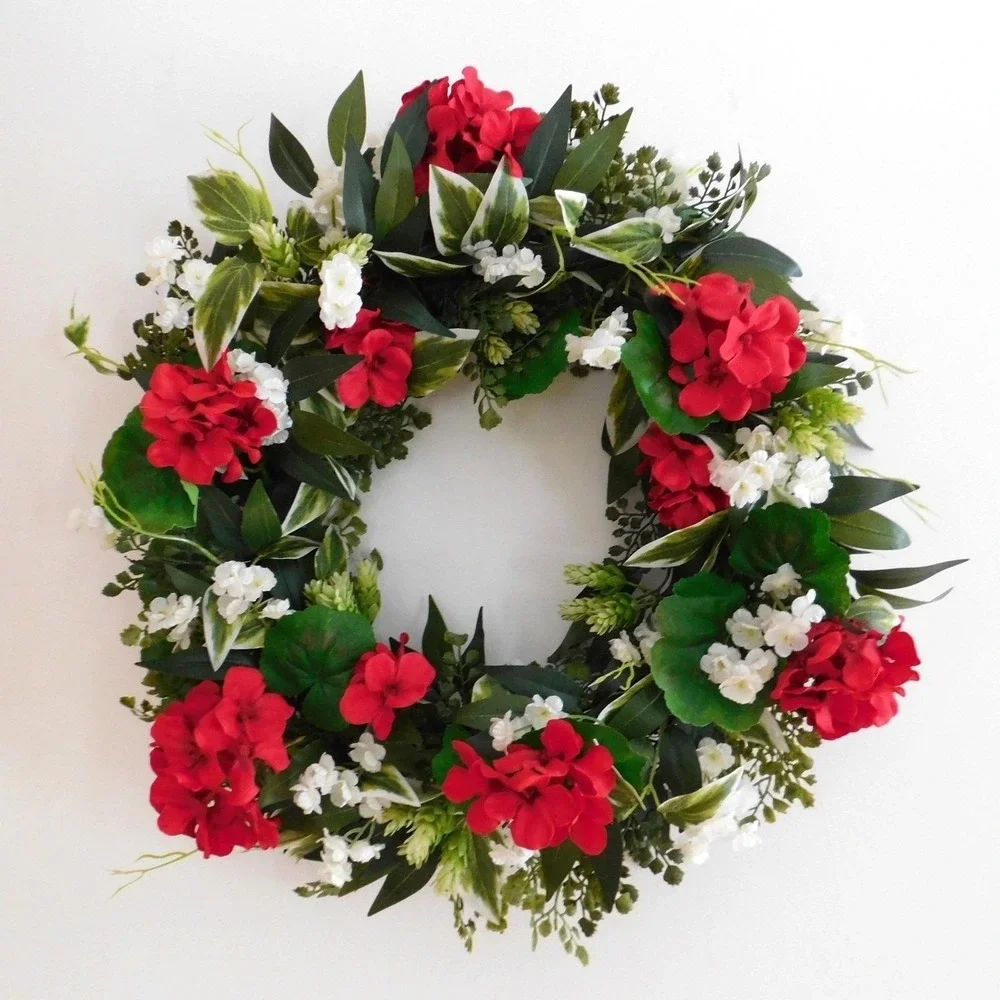 Handmade Red Geranium and whites Wreath for Front Door Spring Summer Gift
